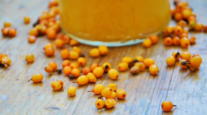 Sea Buckthorn Berries on a wooden panel with sea buckthorn juice in the background