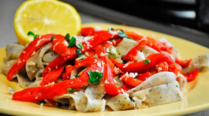 Basil Tagliatelle with Roasted Red Bell Pepper Salad