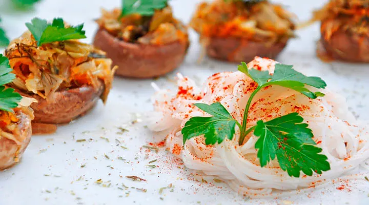 Stuffed Button Mushrooms with Carrots and Celeriac parsley garnish