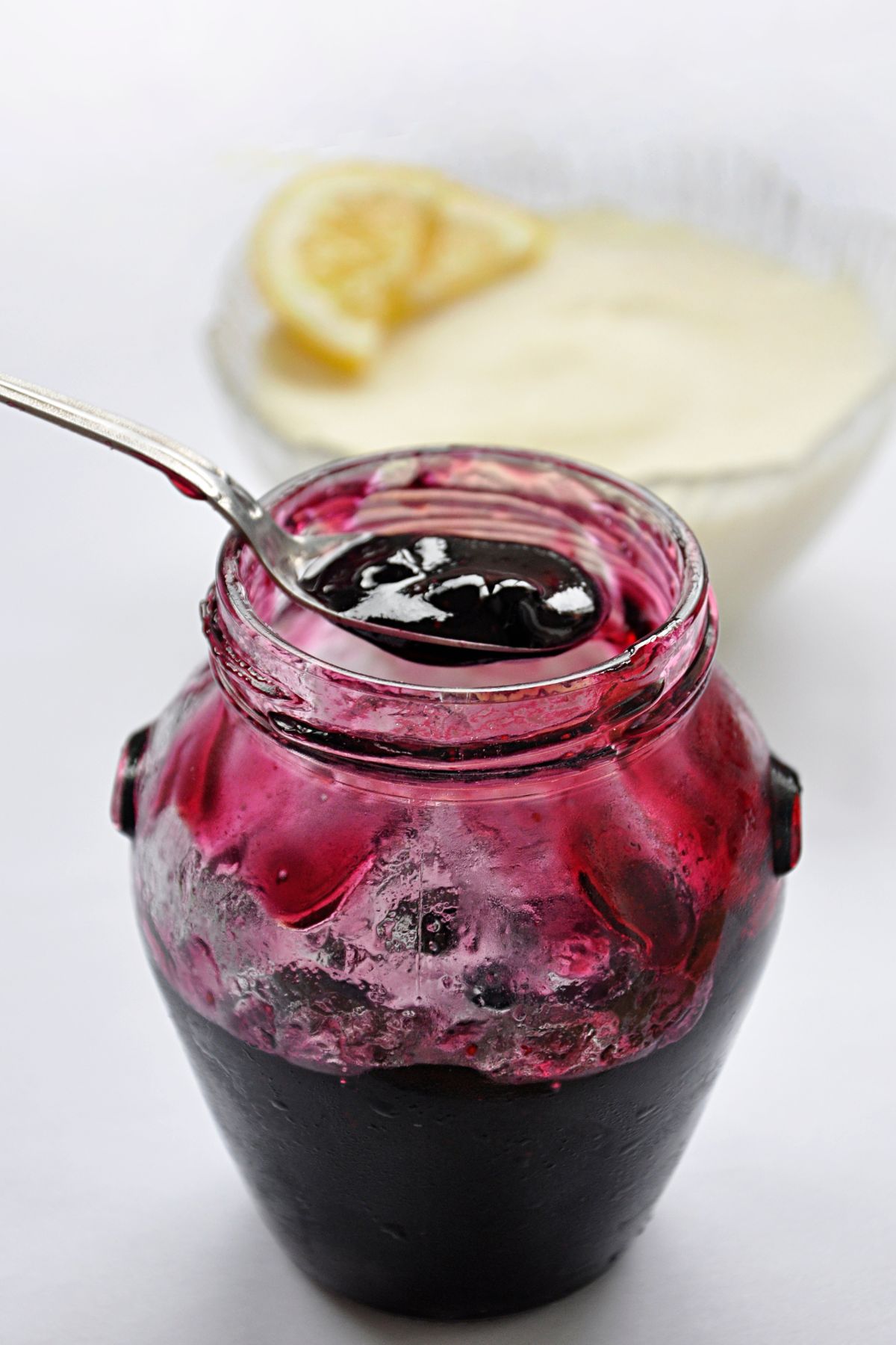 Blueberry jam jar and semolina pudding