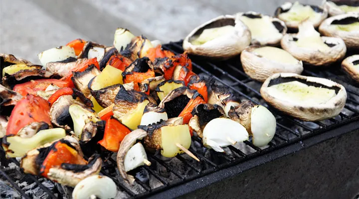 Veggie Skewers and Mushrooms on the Grill 