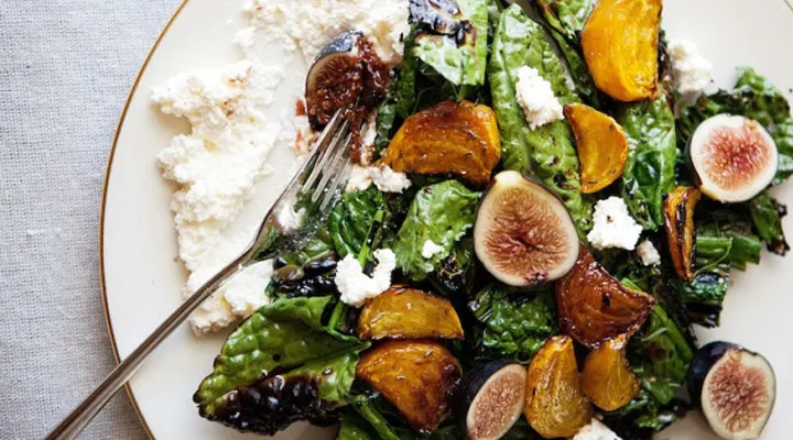 Grilled kale salad with beets, figs, and ricotta