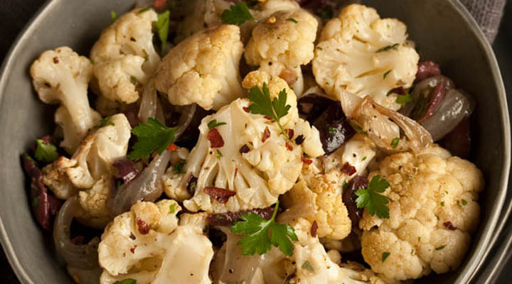 Roasted Cauliflower Salad with Anchovies,Olives
