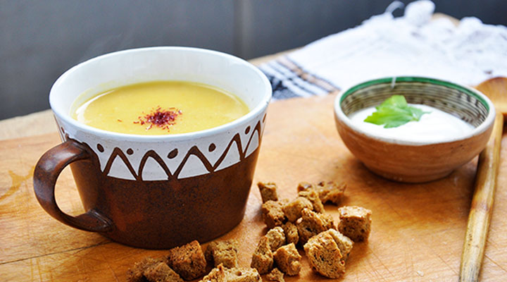 Yellow Split Pea Soup with Saffron, Sour Cream and Croutons