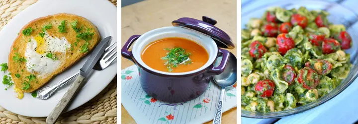 Avocado Pasta Salad, Roasted Tomato and Bell Pepper Soup, Fancy Egg In A Hole - Menu Plan Gourmandelle.com