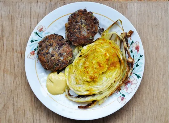oven roasted cabbage slices with Azuki Bean Patties