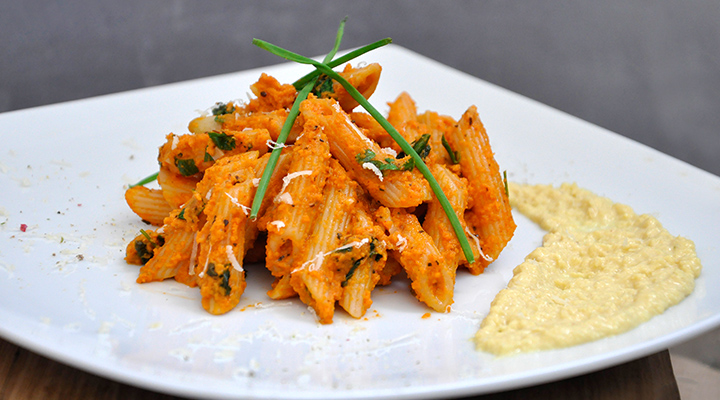 Spicy Carrot Penne Pasta with Mustard-Parsnip Sauce | Gourmandelle