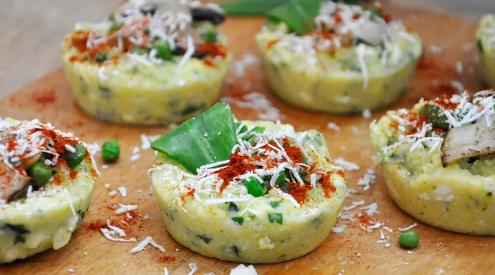 Polenta Muffins with Green Peas and Teleme Cheese