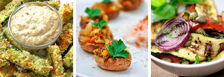 Zucchini Sticks, Stuffed Button Mushrooms, Grilled Veggie Salad - Menu Plan Gourmandelle.com