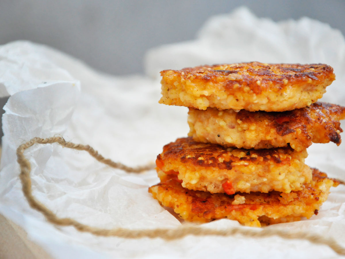 healthy millet cakes with feta cheese and tomatoes