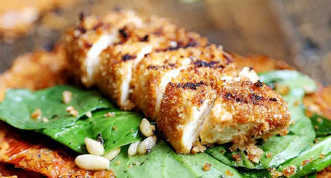 Grilled Breaded Tofu Steaks with Spinach Salad and Tomato Flaxseed Bread - Vegan