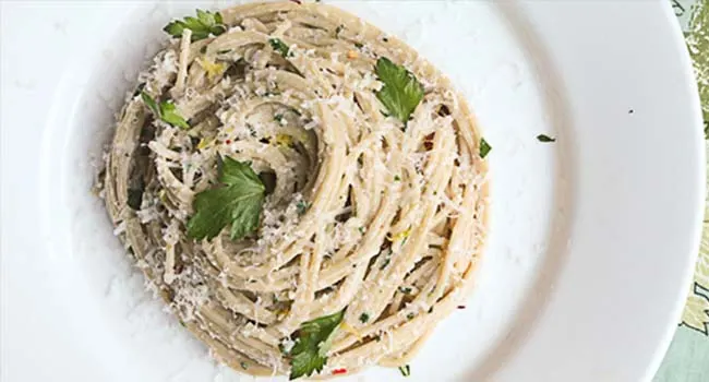 Spaghetti with Creme Fraiche, Parsley, Lemon and Parmesan Cheese