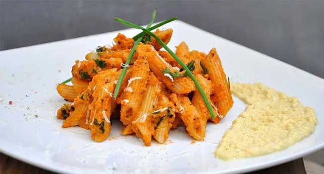 Spicy Carrot Penne Pasta with Mustard and Parsnip Sauce