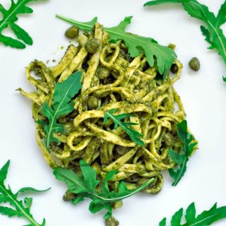 Pasta with Arugula Pesto Capers Paste cu pesto de rucola capere