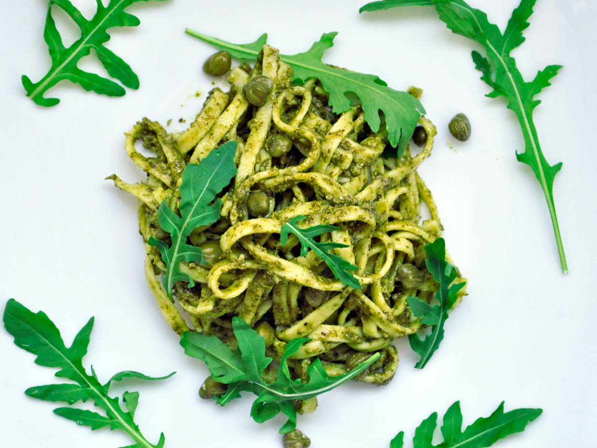 Pasta with Arugula Pesto Capers