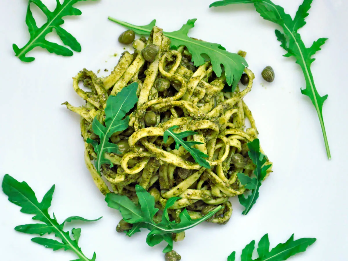 Pasta with Arugula Pesto Capers