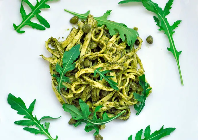 Pasta with Arugula Pesto and Capers | Vegan, Gluten-Free!