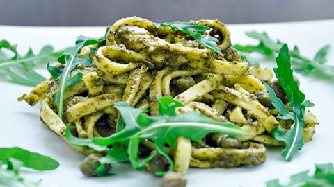 Pasta with Arugula Pesto and Capers