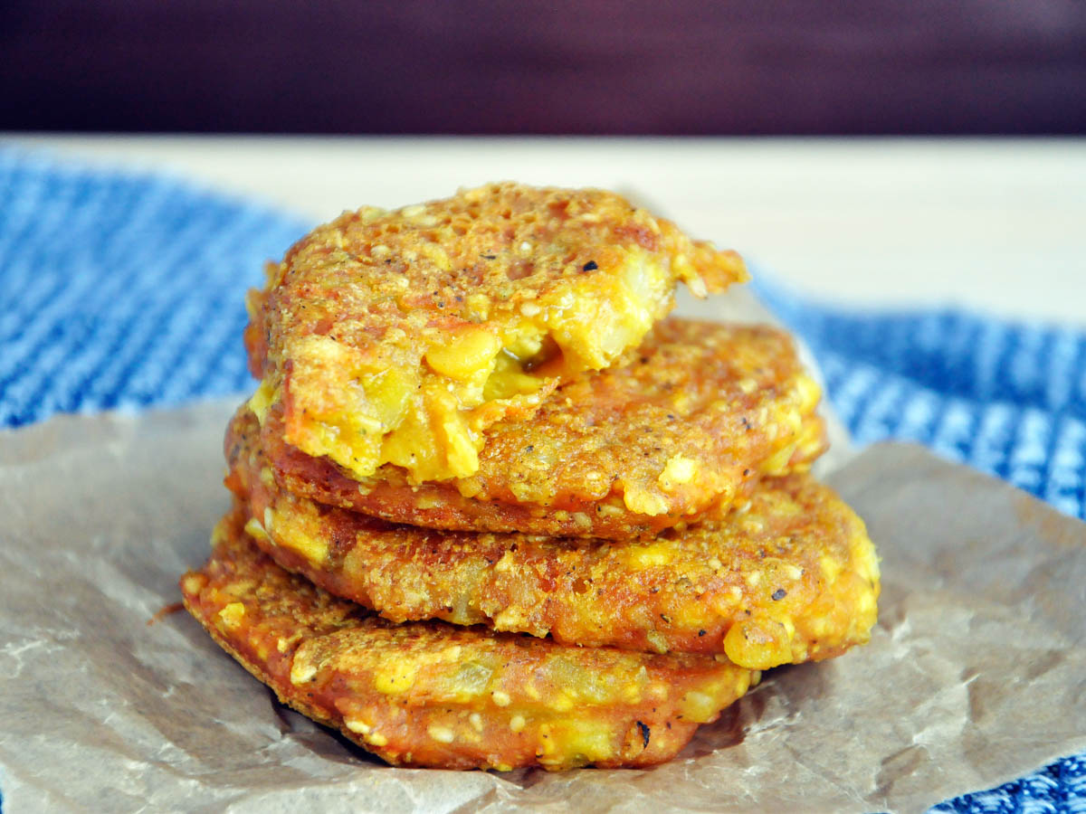 Cheesy yellow Split Pea Patties with Tofu vegan recipe