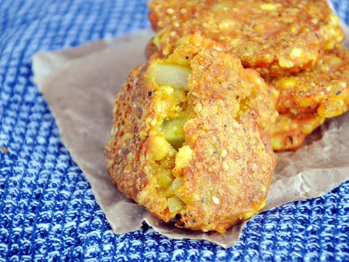 Cheesy yellow Split Pea Patties with Tofu