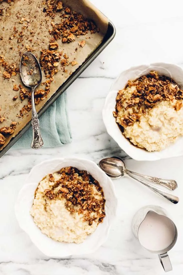 Maple Millet Porridge with Candied Coconut-Walnut Topping