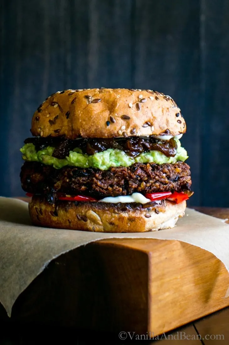 Black Bean Walnut Burgers with Saucy Sweet Onions