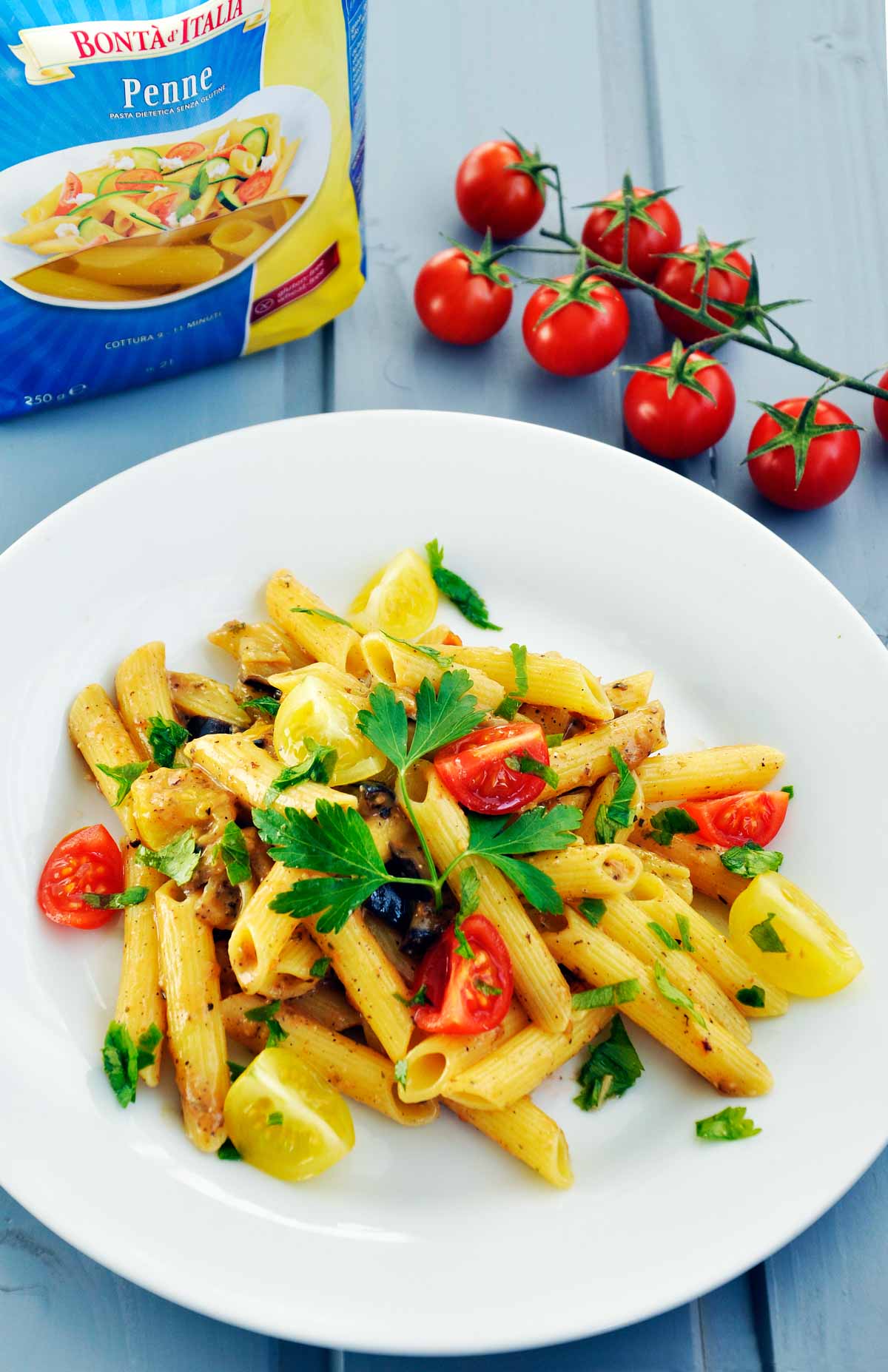 vegan eggplant pasta with cherry tomatoes