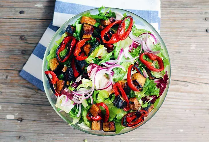 Summer Salad with Charred Peppers and Roasted Eggplant