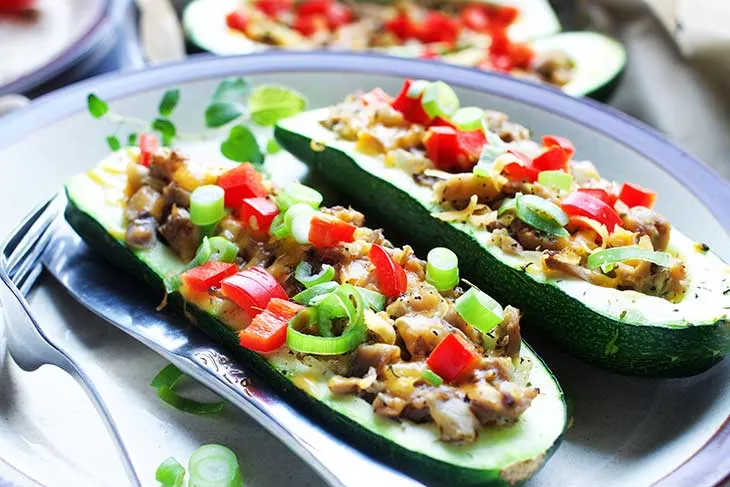 baked vegan Zucchini boats with mushroom stuffing