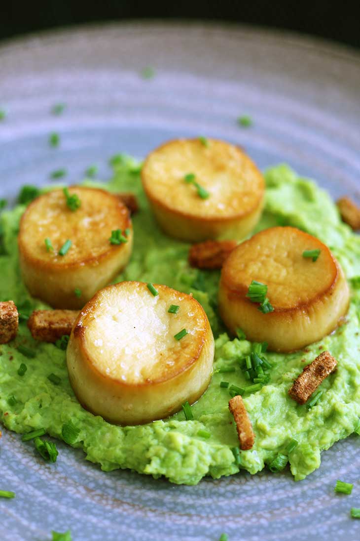 Vegan Scallops with Pea Puree and "Bacon" Bits