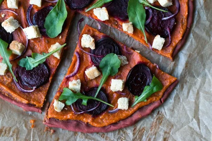beetroot pizza with vegan almond feta
