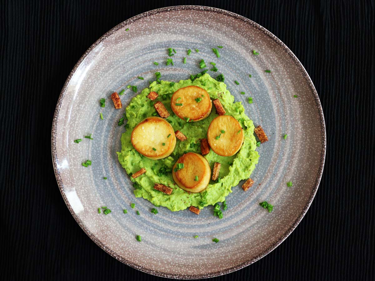 Vegan Scallops with Pea Puree recipe