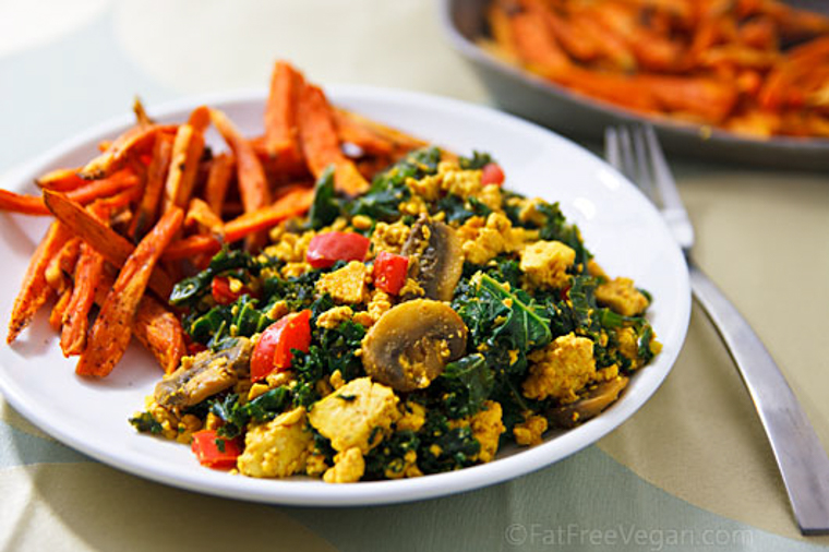 Simple Scrambled Tofu and Kale with Sweet Potato Fries