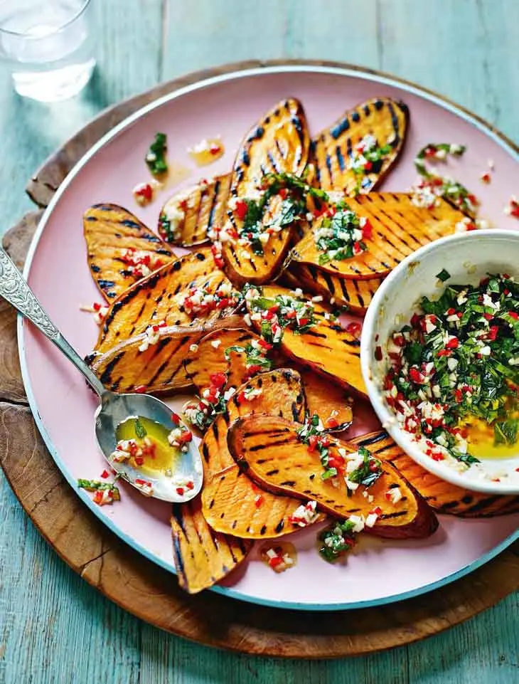 Griddled Sweet Potatoes with Mint, Chilli and Smoked Garlic Vegan barbecue Recipes