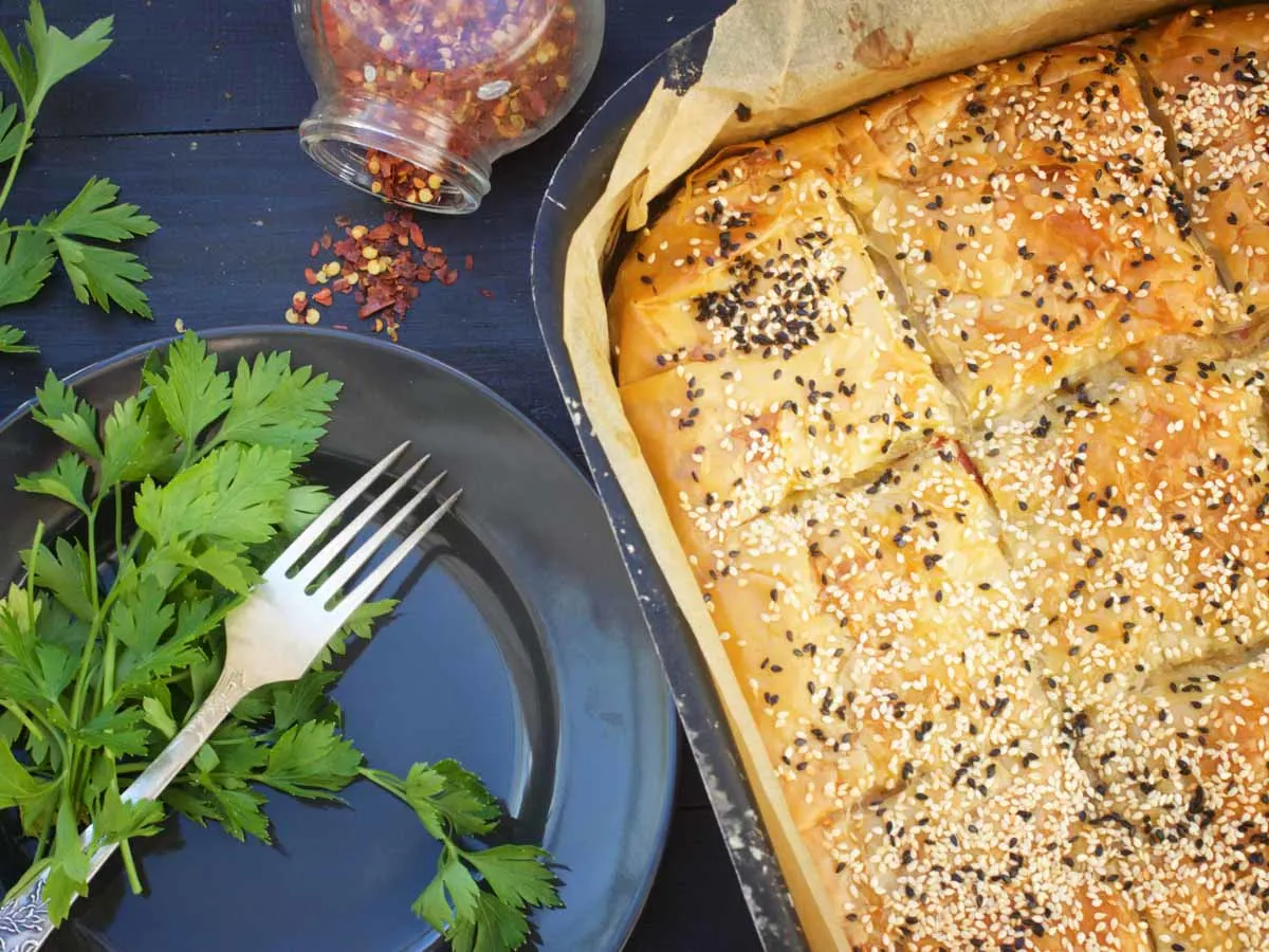 Vegan Greek Eggplant Pie Melitzanopita recipe placinta cu vinete