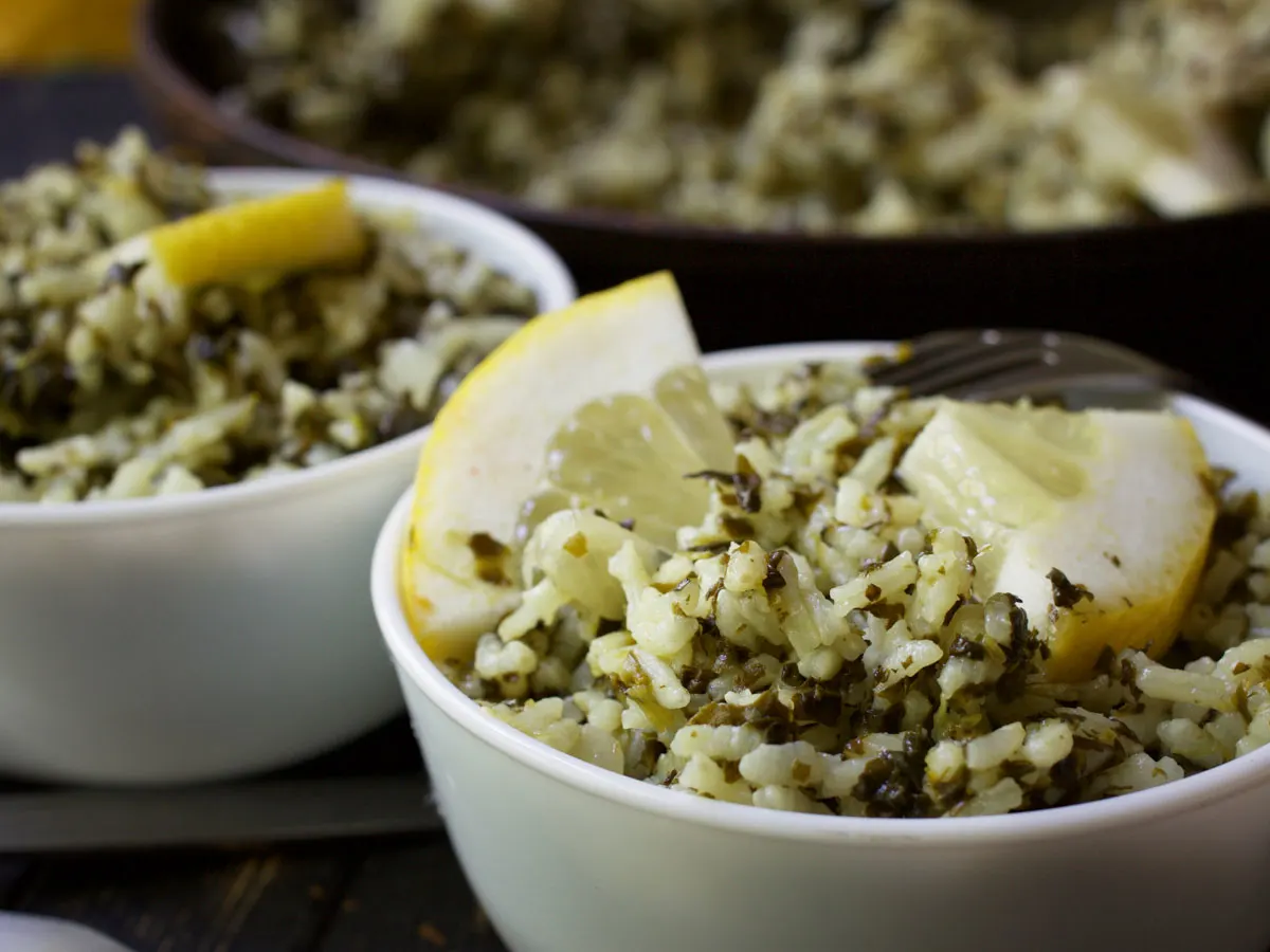 spinach lemon Greek Rice Spanakorizo 