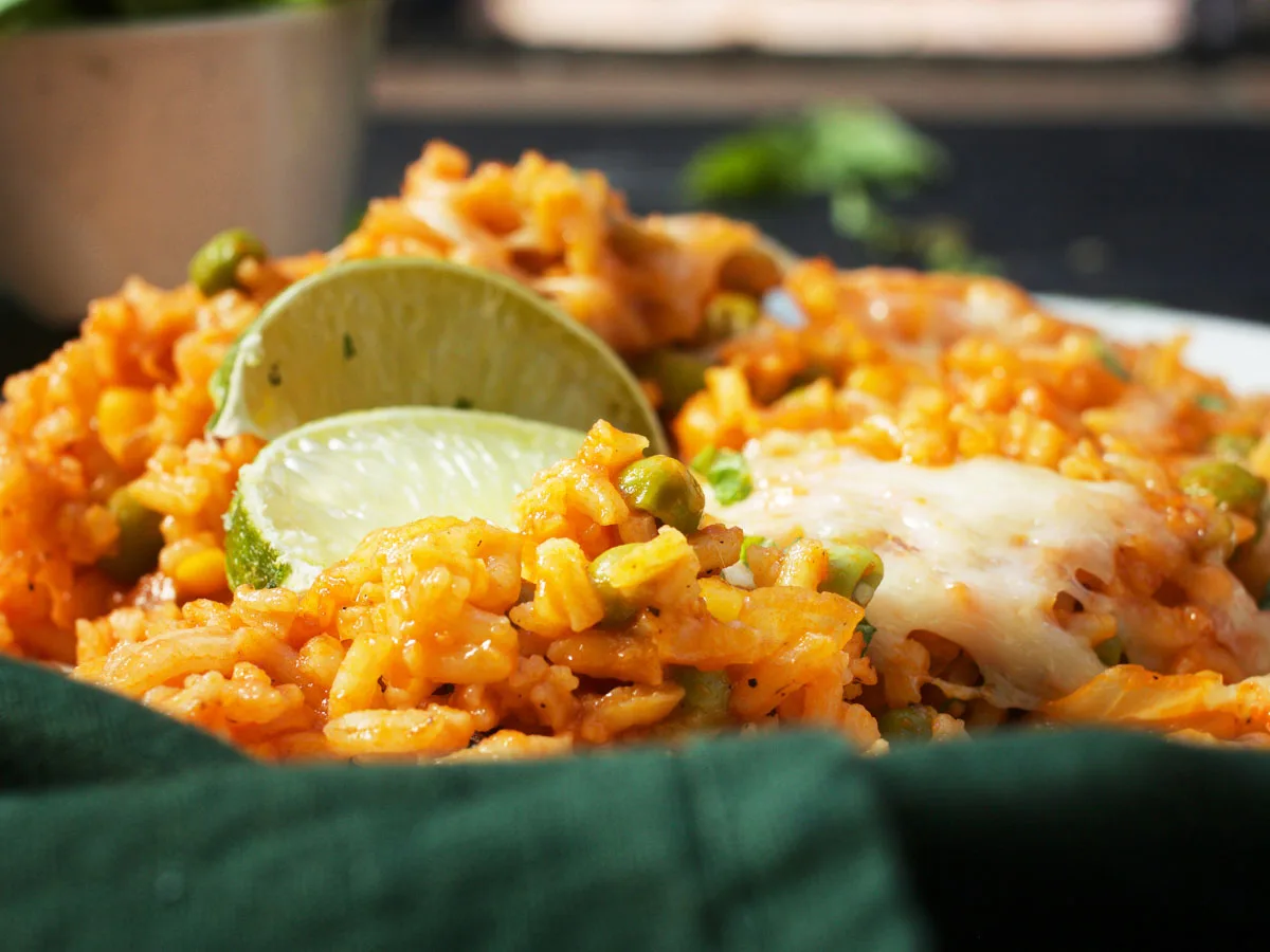 Vegan Mexican Rice with lime wedges orez mexican