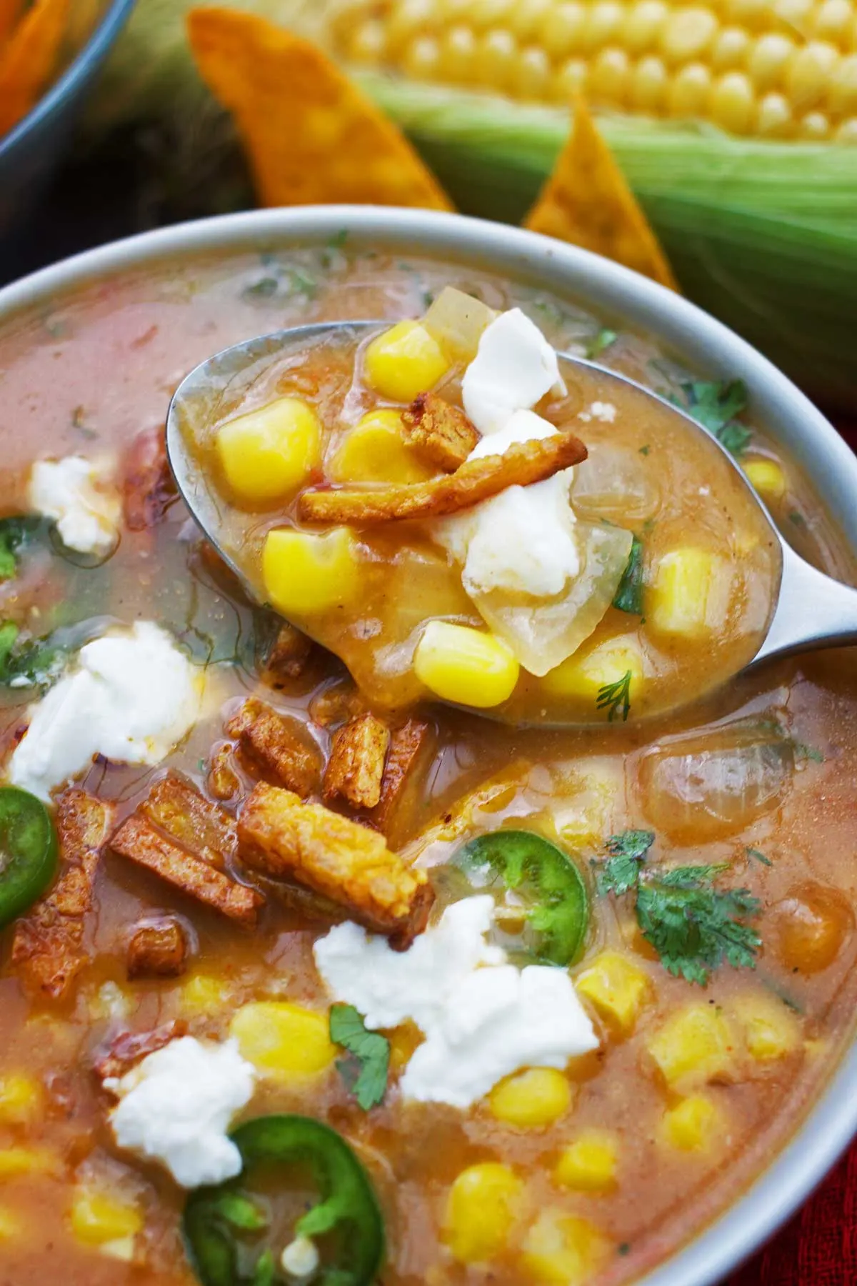 Mexican corn soup with tofu