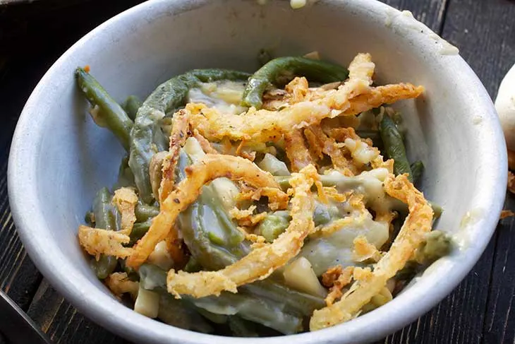 Vegan Green Bean Casserole with caramelized onion 