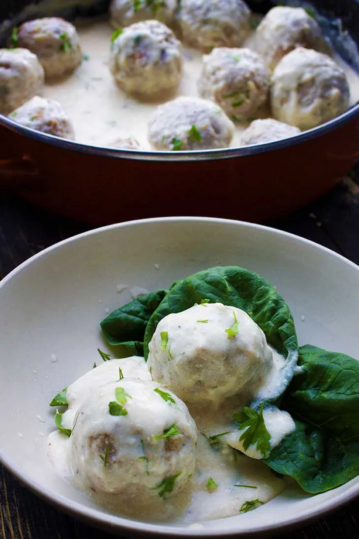 Vegan Swedish Meatballs white sauce 