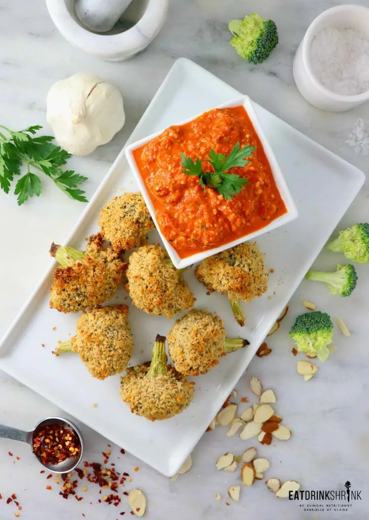 Vegan Crispy Baked Broccoli Bites with Romesco Sauce