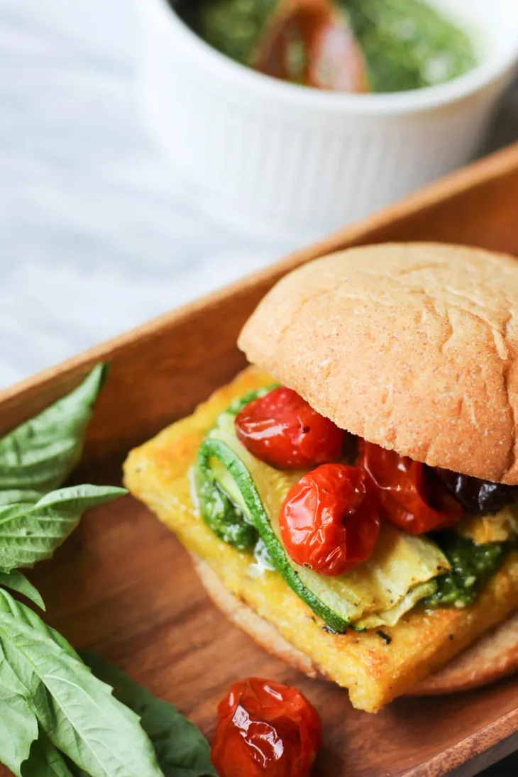 Polenta Veggie Burgers with Pesto & Veggies