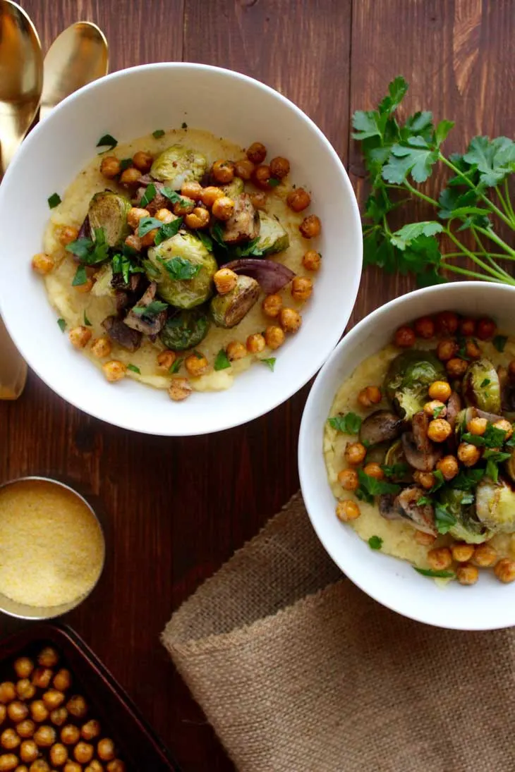 Creamy Polenta with Balsamic Roasted Vegetables & Garlic Chickpeas