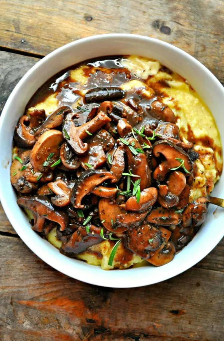 Vegan Creamy Polenta and Red Wine Mushrooms