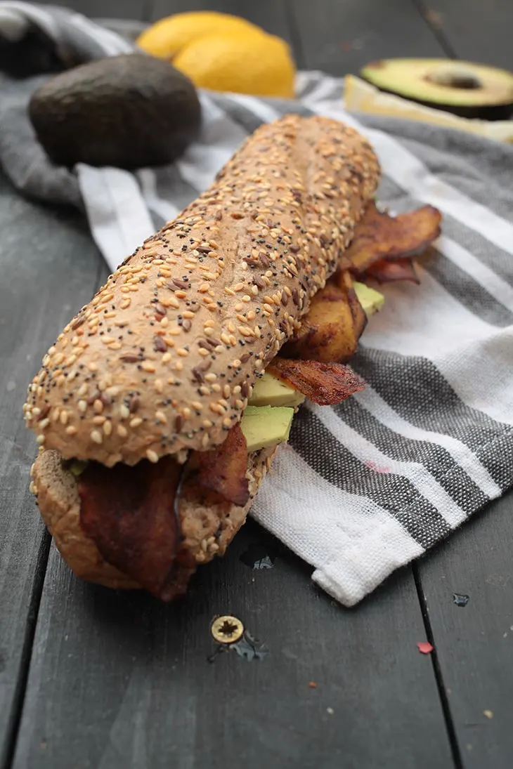 vegan eggplant bacon in sandwich