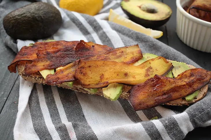 vegan eggplant bacon on avocado toast