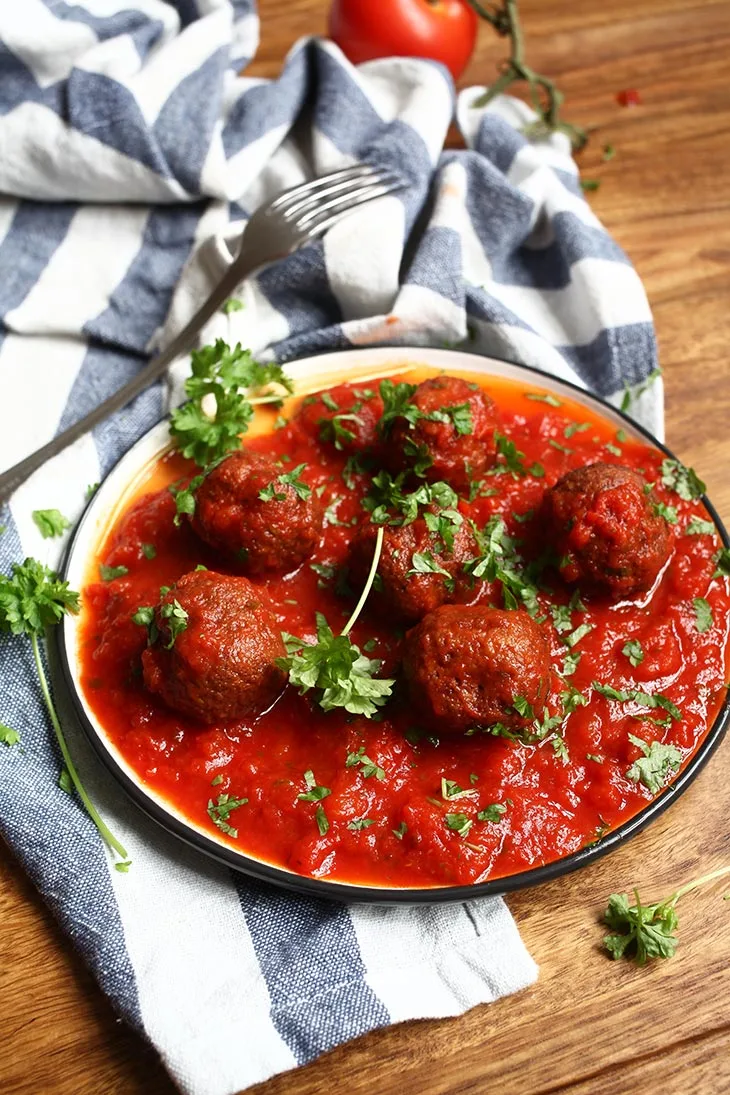 vegan Black Bean Meatballs in Roasted Tomato and Pepper Sauce