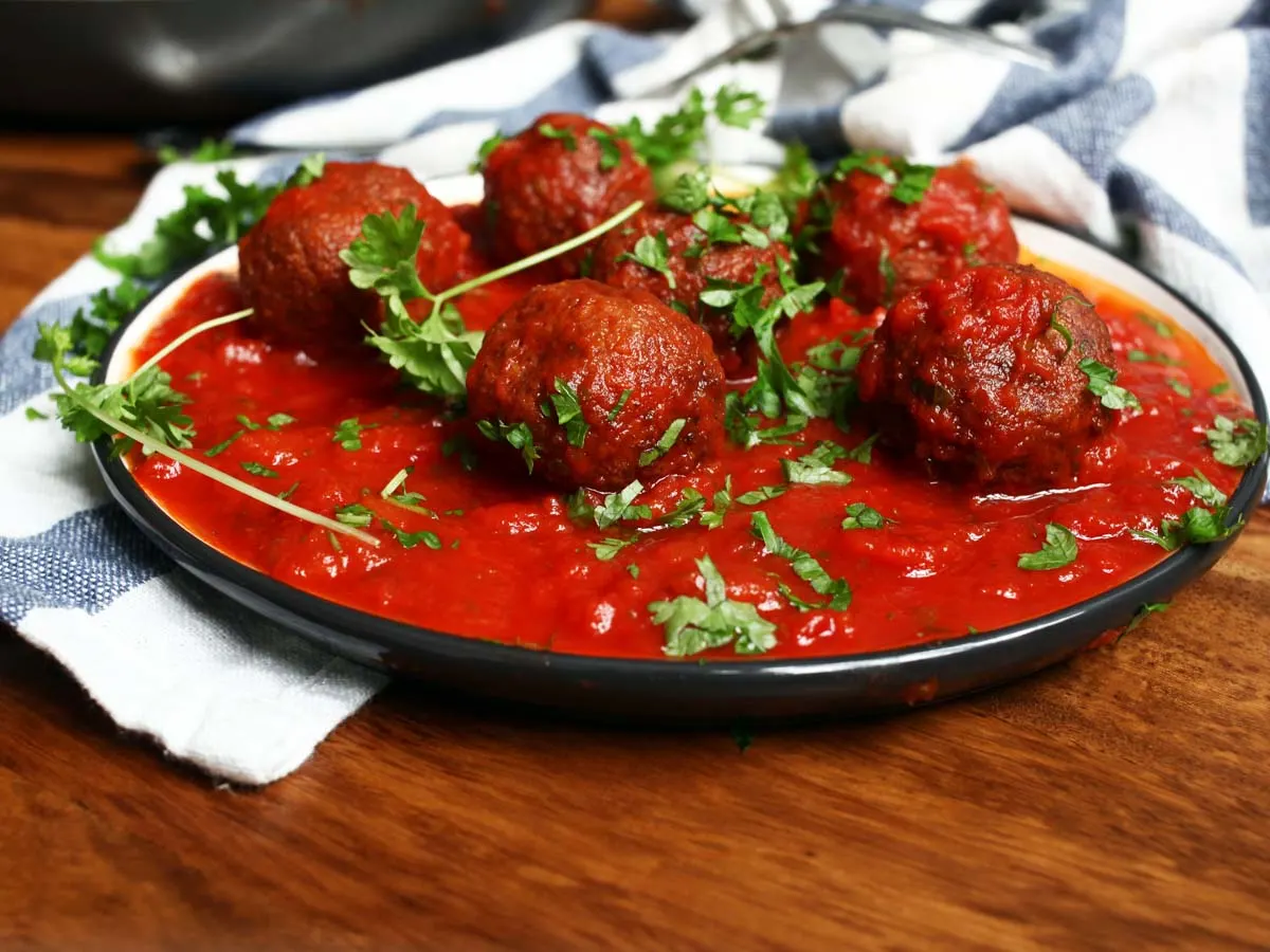 healthy Black Bean Meatballs in Roasted Tomato and Pepper Sauce