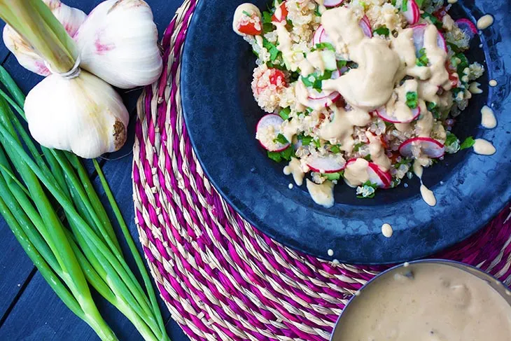 vegan quinoa salad and mushrooms