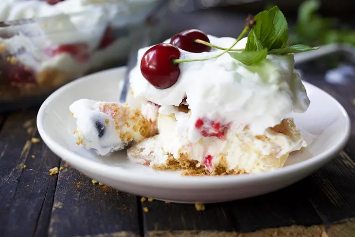 Vegan Banana Split Pie slice on plate